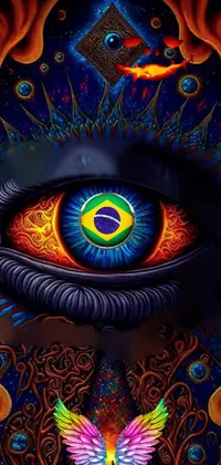 This phone live wallpaper features an ultra-detailed painting of an eye with a man standing in front of it, inspired by psychedelic and spell art, in stunning 8k resolution