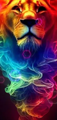 This phone live wallpaper boasts a rainbow-maned lion in intricate airbrush painting style, set against a vivid background of rainbow smoke