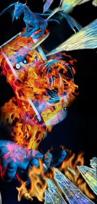 Get ready for a visually stunning live wallpaper for your phone! This digital creation features a man standing before a roaring fire with a whirlwind of tarot cards in the background