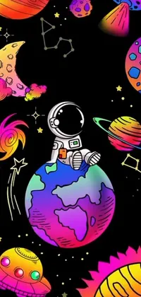 This captivating phone live wallpaper showcases an astronaut situated on a planet amidst other colorful planets in a dark neon universe