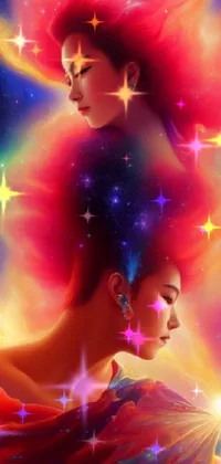 This live wallpaper showcases a colorful digital painting of two women portrayed as cosmic goddesses