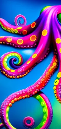 Get a captivating and striking phone wallpaper with an intricate design of a colorful octopus on a blue surface