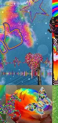 This mobile live wallpaper boasts a captivating collage of vibrant colors, abstract shapes, and a stunning rainbow against a sky backdrop