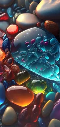This vibrant phone live wallpaper features a stunning display of digital art showcasing different colored stones and rocks