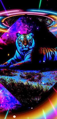 Make your phone come alive with a stunning tiger live wallpaper! This digital art piece by Lisa Frank features a majestic tiger lounging in the lush grass, surrounded by a vibrant and psychedelic universe