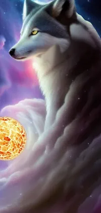 This live wallpaper showcases a beautiful painting of a wolf gazing at the sun