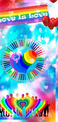This phone live wallpaper features a colorful scene of people gathered in front of a rainbow heart - the ultimate symbol of love, peace, and unity