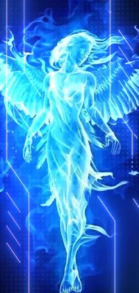 This live wallpaper for phones features a stunning digital painting of an angel on a peaceful blue backdrop