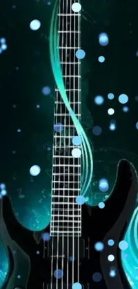 This phone live wallpaper showcases a detailed guitar in blue and black colors against a green background