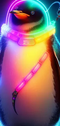 This phone live wallpaper features a cute penguin sitting on a snow covered ground amidst rainbow neon strips