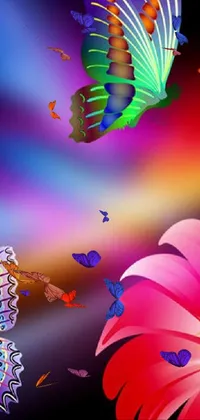 The colorful and mesmerizing phone live wallpaper showcases a group of butterflies flying over a stunning pink flower on a psychedelic art background