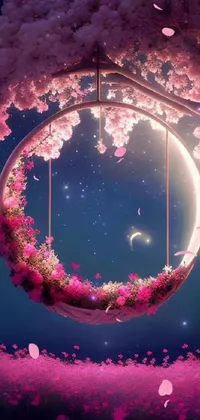 This stunning phone live wallpaper boasts a charming scene featuring a swing hung between a tree adorned with pink flowers