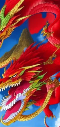 This phone live wallpaper showcases a red dragon flying through a stunning blue sky