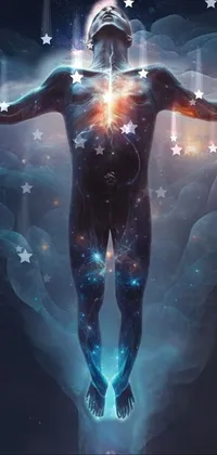 This stunning live wallpaper features a mesmerizing cybernetic figure standing amidst a colorful cosmic nebula