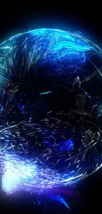This phone live wallpaper showcases a detailed sphere in digital art exploding in vibrant blue crystal colors with glitch and scribble effects against a deep black background