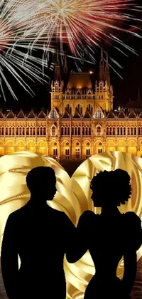 This stunning live wallpaper showcases a couple in front of an elaborate building surrounded by gold rain and a gold-gilded circle halo, with the iconic Hogwarts in the background