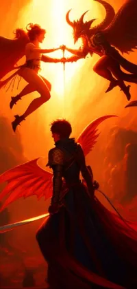This live wallpaper showcases two angels in flight, set against a dramatic red backdrop