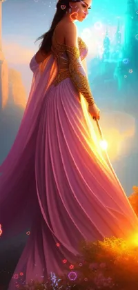 This iPhone live wallpaper depicts a stunning fantasy scene of a woman standing in front of a castle