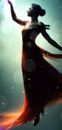 This phone live wallpaper features a stunning artwork of a graceful woman in a long dress flying through the air with dramatic lighting
