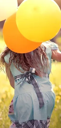Looking for a sunny and whimsical live wallpaper for your phone? Look no further! This delightful illustration features a young girl standing in a meadow, holding a bunch of vibrant yellow and orange balloons