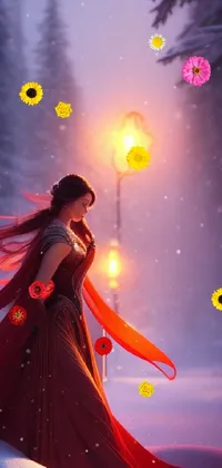 Looking for a stunning live wallpaper for your phone? Check out this breathtaking design, featuring a woman in a long red dress standing in the snow