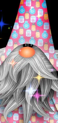 This phone live wallpaper features a delightful cartoon rendition of a gnome with long gray hair and a pink hat