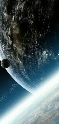 Get lost in space with this breathtaking phone Live Wallpaper! Enjoy the panoramic view of the Earth from a space station while floating planets and moons move around it