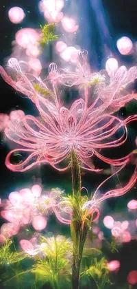 This phone live wallpaper features a stunning close-up of a flower with long tentacles and pink petals, set against a blurry light-filled background