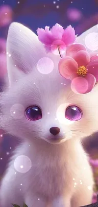 This live phone wallpaper showcases a stunning white cat adorned with a pretty pink flower