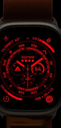 This phone live wallpaper showcases a sleek black background with a close-up digital rendering of a watch, colored in deep red and warm brown hues for a luxurious feel