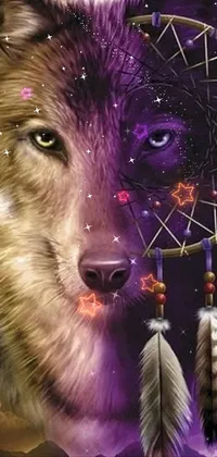 This phone live wallpaper displays an exquisite painting of a wolf and dream catcher