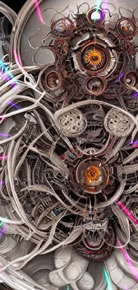 Looking for a unique and visually stunning live wallpaper that showcases intricate and detailed artwork inspired by technology and machinery? Look no further than this ultrafine close-up of a clock surrounded by wires and complemented by complex circuitry, biomechanical designs, and other layered architectural elements