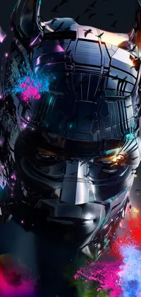 This phone wallpaper showcases a futuristic robot's close-up head, designed as a fractal cyborg ninja, featuring robocop portrait and Dren from Splice