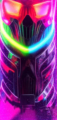 This dynamic phone wallpaper showcases a close-up shot of a futuristic neon helmet that is inspired by Kamen Rider and SSSS