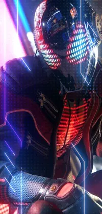 This futuristic phone live wallpaper features a digital art close-up of a cyberpunk character wearing a helmet and gloves