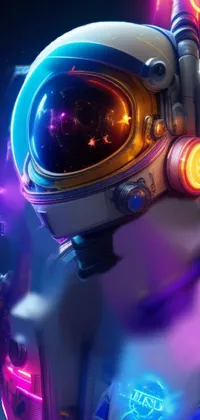 This phone live wallpaper features a detailed close-up of an astronaut in a space suit, surrounded by glowing lights