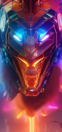 Check out this vibrant cyberpunk live wallpaper for your phone! The close-up features a robot head surrounded by a futuristic city street with afrofuturistic elements and a good boy giant mecha wolf hound