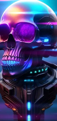 This cyberpunk art live wallpaper features a futuristic skull bust on a table, with wires and tubes connecting it to a robot helmet bust