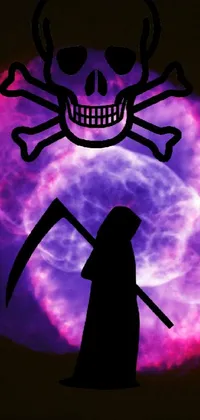 Transform your phone screen into a haunting display of dark imagery with this live wallpaper featuring a sinister silhouette holding a scythe decorated with a skull and crossbone