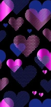This live wallpaper for your phone features a stunning display of pink and blue hearts against a sleek black background with purple and pink leather accents