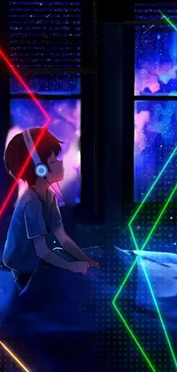 This vibrant phone live wallpaper features an anime drawing of a young girl sitting on a bed in front of the night sky through a window, wearing headphones