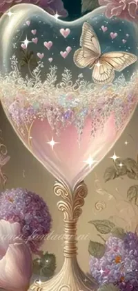 This live wallpaper features a charming painting of a heart-shaped glass filled with strawberries