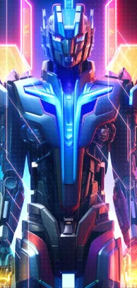 This phone live wallpaper showcases a stunning robot head imbued with neon lights, inspired by futurism and featuring a 2d/3d mashup poster design