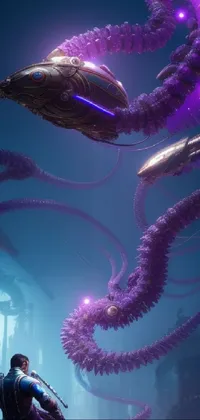 Get fascinated by this stunning phone live wallpaper featuring a man sitting on a boat next to a giant octopus, connected by glowing purple tubes