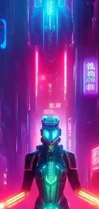 This phone wallpaper displays a futuristic robot situated in the middle of a bustling street in an urban metropolis