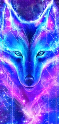 This phone live wallpaper features an ethereal wolf with captivating blue eyes set against a background of twinkling stars