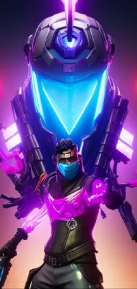 This cyberpunk live wallpaper showcases a close-up of a technologically advanced gun held by a Fortnite character