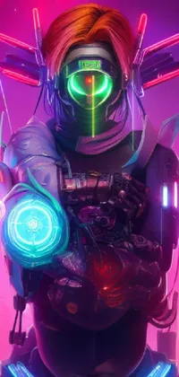 This bold cyberpunk phone live wallpaper depicts a gas mask, an android portrait and afrofuturism art, in stunning neon colors