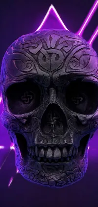 This phone live wallpaper showcases a skull with detailed digital art and a neon triangle background