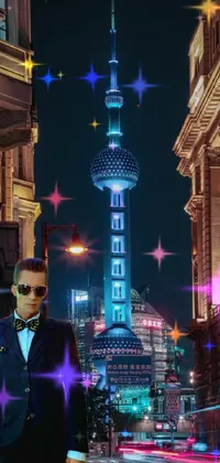 This phone live wallpaper showcases a businessman in a sharp suit standing on a busy city street, exuding confidence and wealth